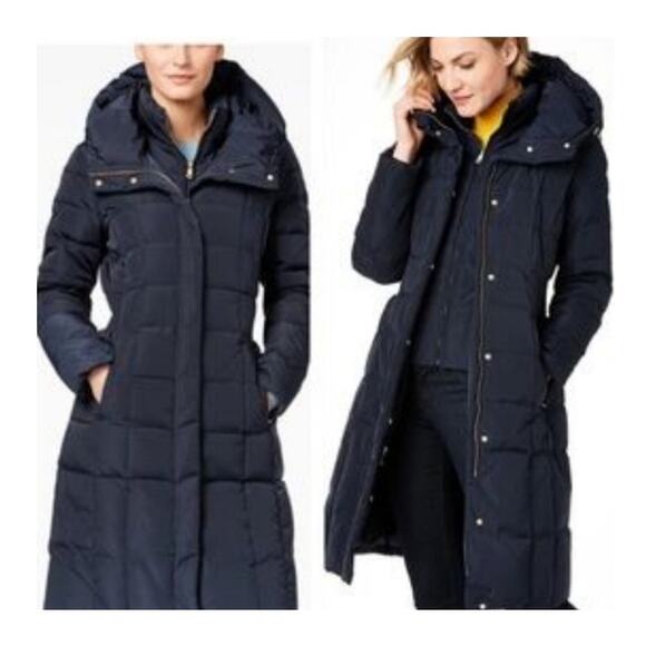 NEW COLE HAAN Long Down Coat Hooded Inset Vest Box Quilt Parka Black - Picture 1 of 10